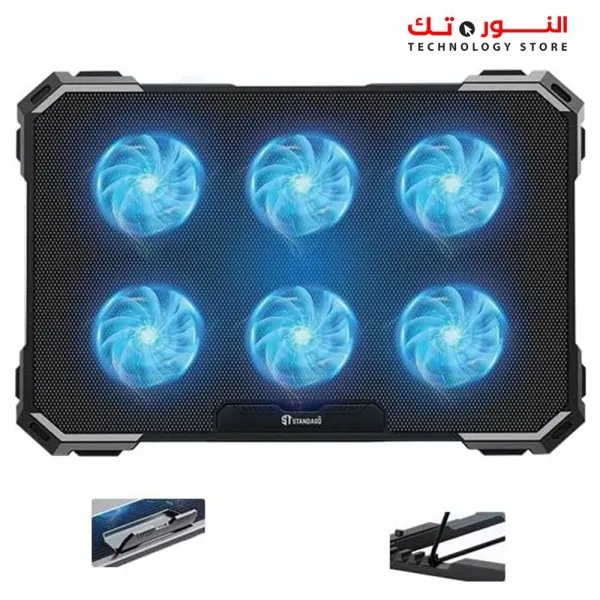 Standard ICE-06N Gaming Laptop Cooling Pad Stand – 6x Blue Led Fans – Iron Mesh – 2 x USB – Support 12 UP to 17 Inch | Black