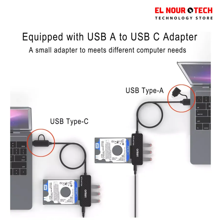 ONTEN UCA312 USB-A & USB-C to SATA Adapter with 3×USB 3.0 Hub – 2.5” HDD/SSD External Enclosure & Multi-Port USB Expansion