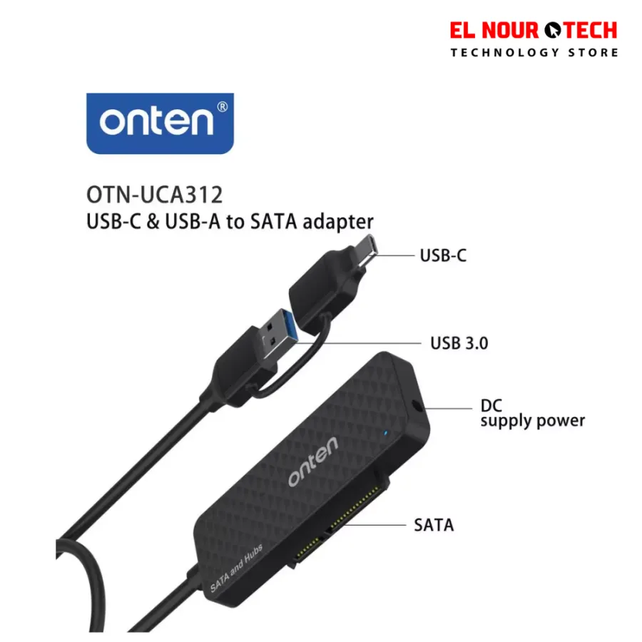 ONTEN UCA312 USB-A & USB-C to SATA Adapter with 3×USB 3.0 Hub – 2.5” HDD/SSD External Enclosure & Multi-Port USB Expansion