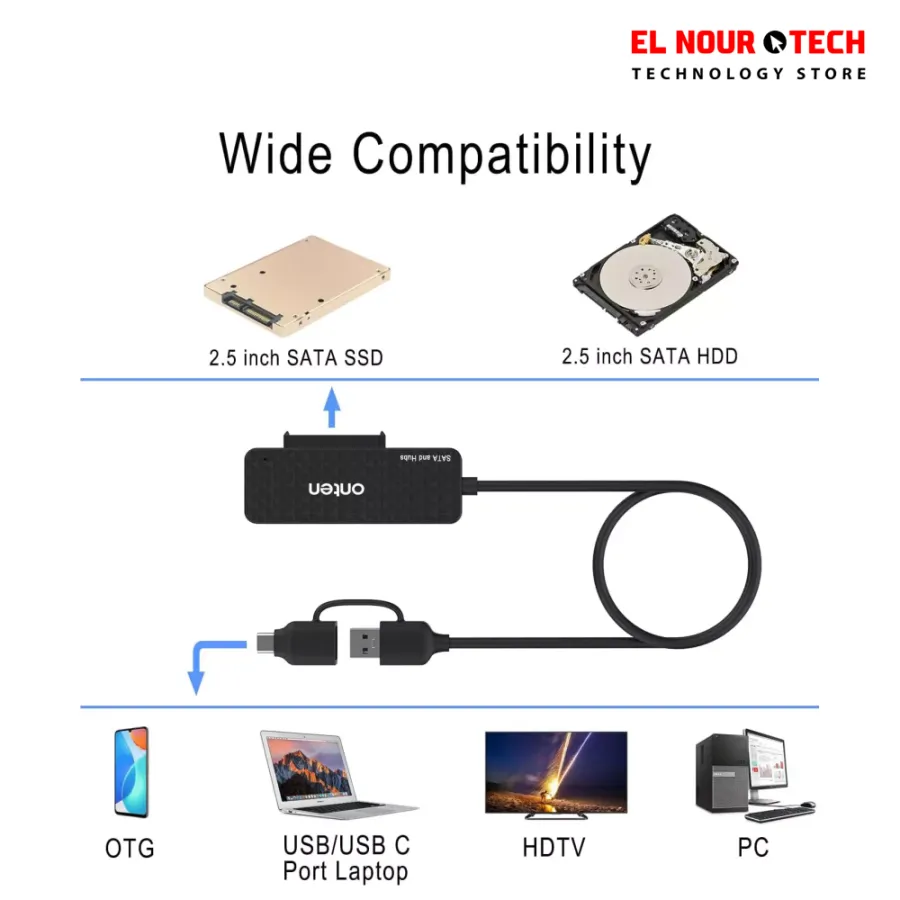 ONTEN UCA312 USB-A & USB-C to SATA Adapter with 3×USB 3.0 Hub – 2.5” HDD/SSD External Enclosure & Multi-Port USB Expansion