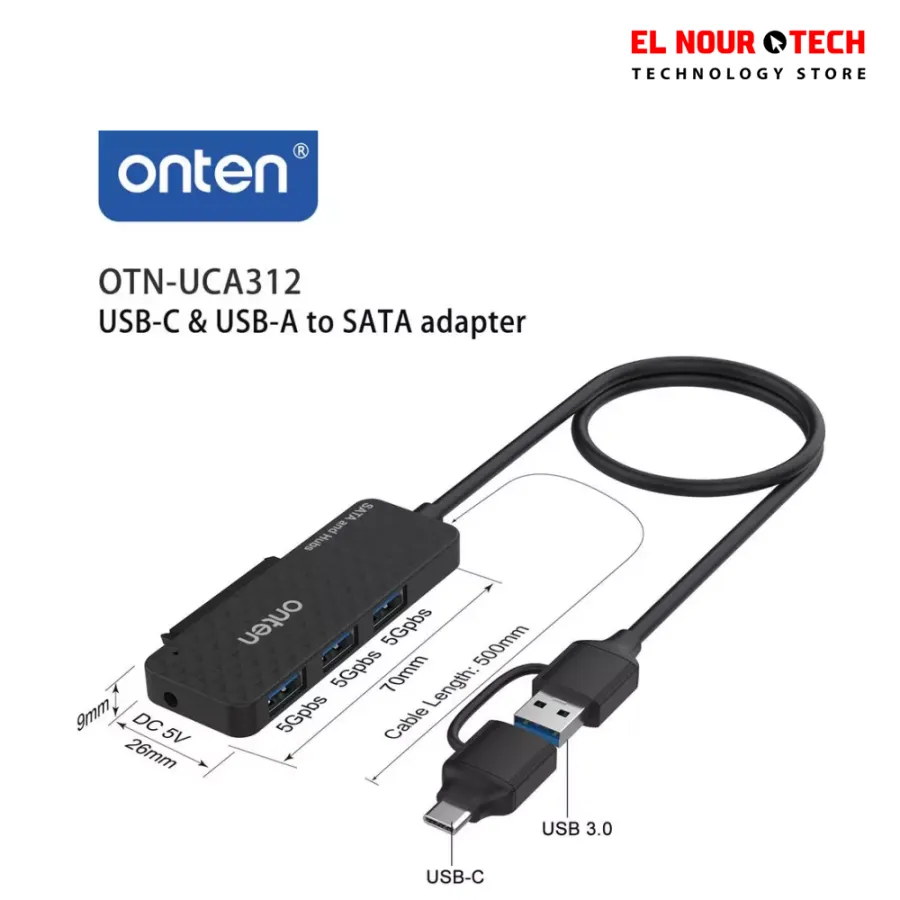 ONTEN UCA312 USB-A & USB-C to SATA Adapter with 3×USB 3.0 Hub – 2.5” HDD/SSD External Enclosure & Multi-Port USB Expansion