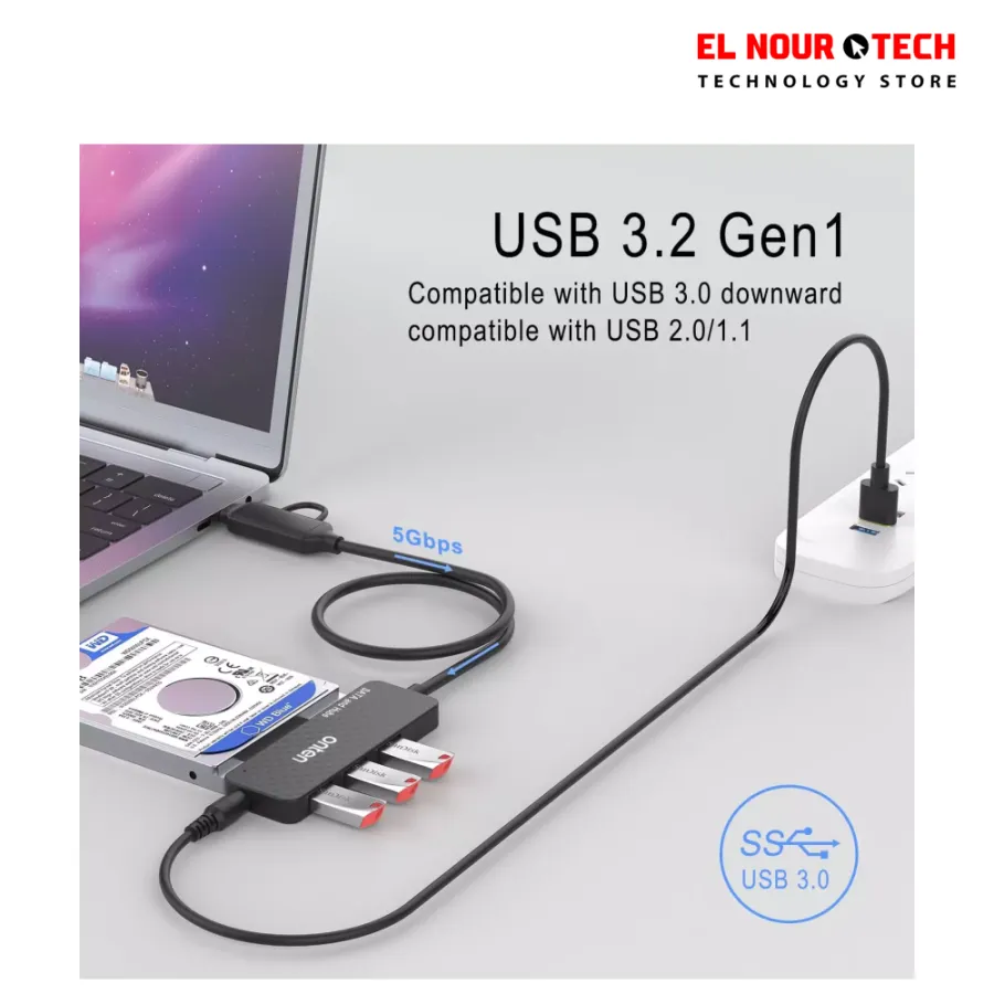 ONTEN UCA312 USB-A & USB-C to SATA Adapter with 3×USB 3.0 Hub – 2.5” HDD/SSD External Enclosure & Multi-Port USB Expansion