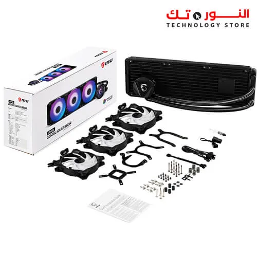 MSI MAG CORELIQUID 360R - AIO RGB CPU Liquid Cooler - Rotating Cap Design - 360mm Radiator - Triple 120mm RGB PWM Fans.