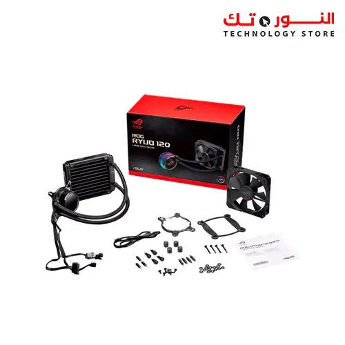 ASUS ROG RYUO 120 all-in-one liquid CPU cooler with color OLED Aura Sync RGB and ROG 120mm radiator fan