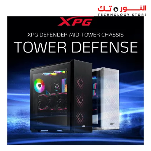 XPG Defender Mid Tower ATX Computer Case, MESH Front Panel, RGB Effect Efficient Airflow, Tempered Glass, x3 XPG VENTO 120 ARGB Fans, Removable Dust Filter, Black