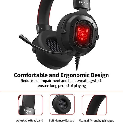 ONIKUMA K3 Stereo Gaming Headset for Xbox One, PC, PS4 Over-Ear Headphones with Noise Canceling Mic, Soft Breathing Earmuffs, LED Light, Mute&amp;Volume Control for Mac Laptop Tablet Smatphone
