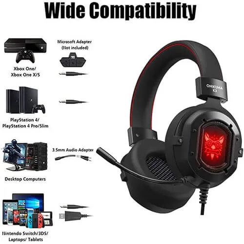 ONIKUMA K3 Stereo Gaming Headset for Xbox One, PC, PS4 Over-Ear Headphones with Noise Canceling Mic, Soft Breathing Earmuffs, LED Light, Mute&amp;Volume Control for Mac Laptop Tablet Smatphone