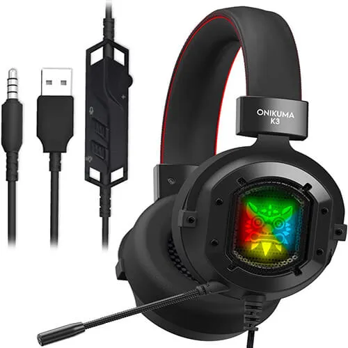 ONIKUMA K3 Stereo Gaming Headset for Xbox One, PC, PS4 Over-Ear Headphones with Noise Canceling Mic, Soft Breathing Earmuffs, LED Light, Mute&amp;Volume Control for Mac Laptop Tablet Smatphone