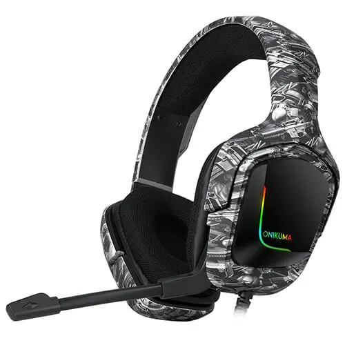 Onikuma K20 Camo Grey Gaming Headset with Surround Sound PS4 Headphones with Mic Works with Xbox One PC,RGB Lightweight Soft Earmuffs &amp; Volume Control