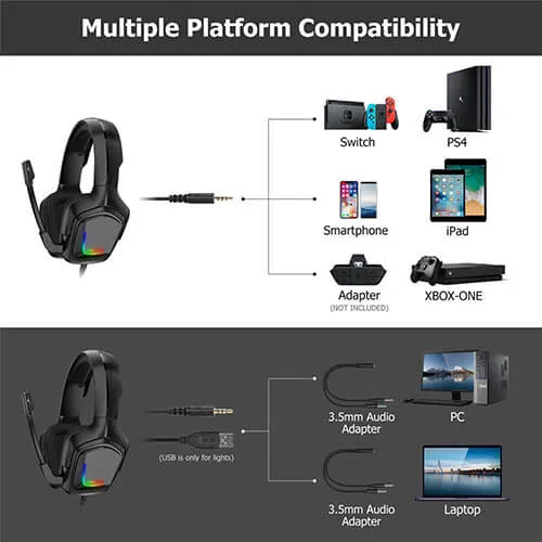 Onikuma K20 Camo Grey Gaming Headset with Surround Sound PS4 Headphones with Mic Works with Xbox One PC,RGB Lightweight Soft Earmuffs &amp; Volume Control