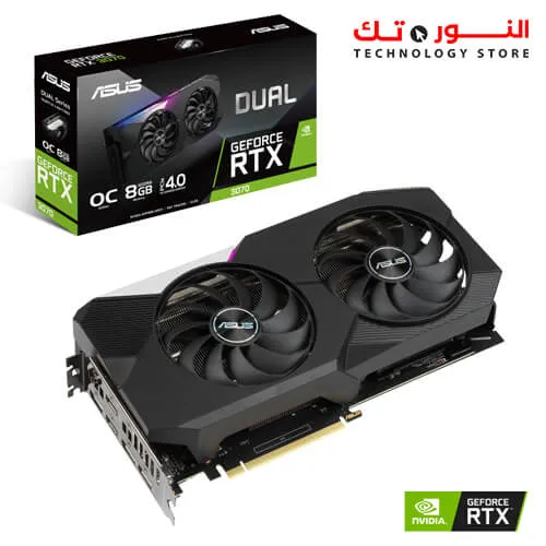 ASUS GeForce RTX™️ DUAL 3070 OC Edition 8GB GDDR6 with two powerful Axial-tech fans for AAA gaming performance and ray tracing.
