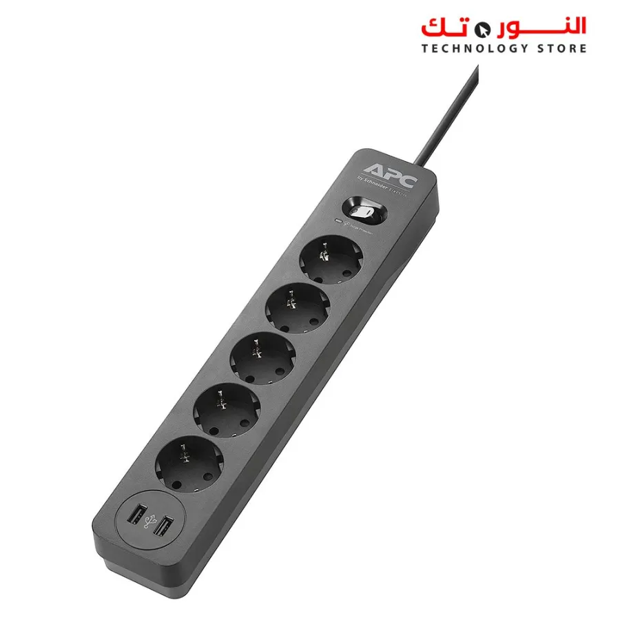APC PME5U2B-GR Essential SurgeArrest Charger with 5 Outlets and 2 USB Ports, 230 Volt - Black