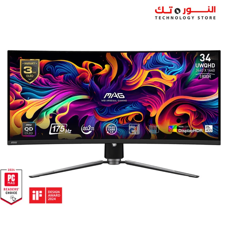 MSI MAG 341CQP QD-OLED, 34 Curved OLED Gaming Monitor, 3440 x 1440 (UWQHD), OLED 0.03ms Response time, 175Hz, True Black HDR 400, HDMI, DP Port, USB Type C, Tilt, Height,Black