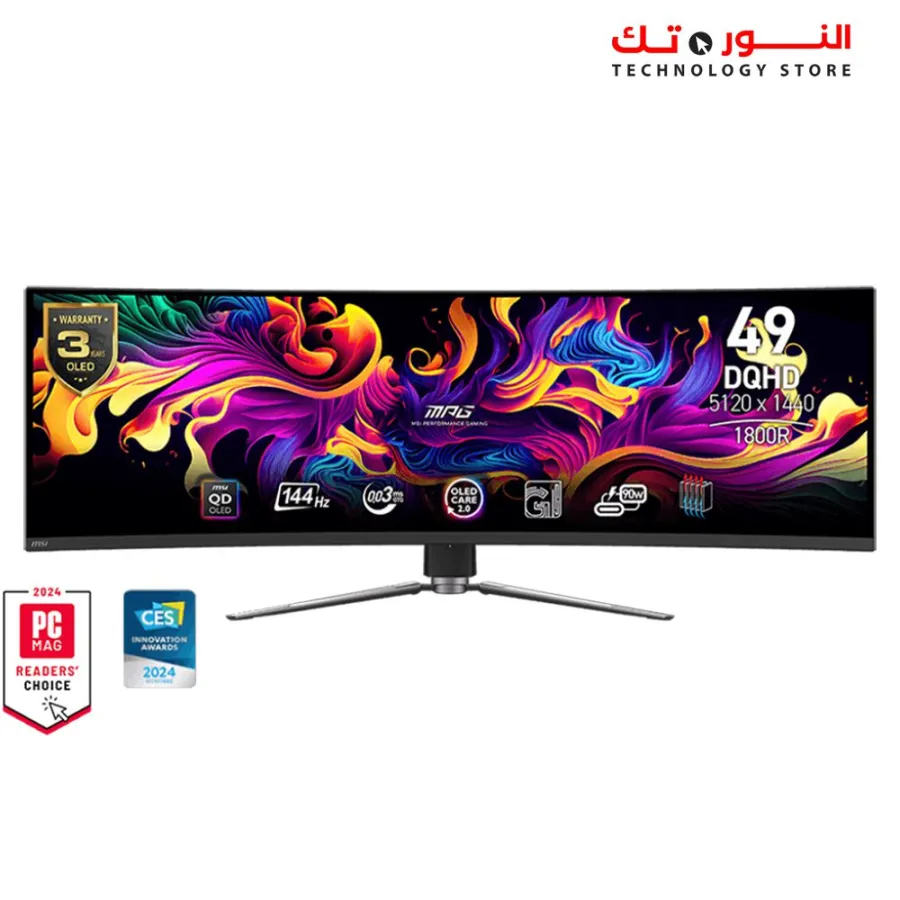 MSI MPG 491CQP QD-OLED, 49 Curved OLED Gaming Monitor, 5120 x 1440 (DQHD), OLED 0.03ms response time, 144Hz, True Black HDR 400, HDMI, DP Port, USB Type C, Tilt, Height