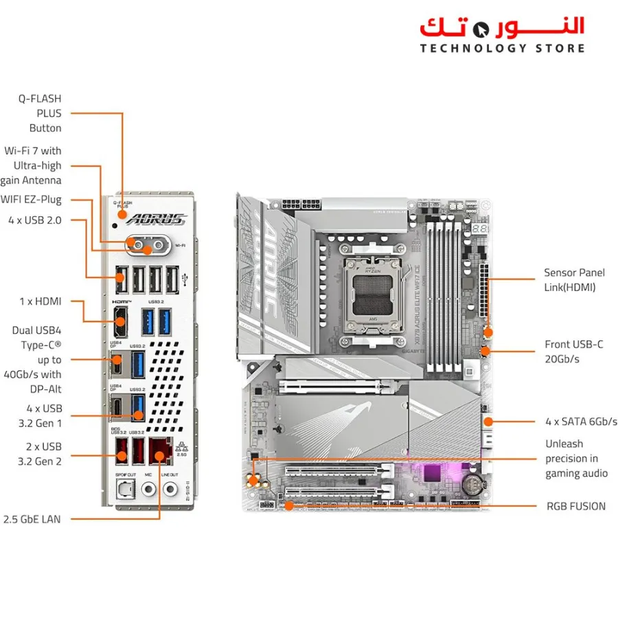 GIGABYTE X870 AORUS Elite WIFI7 ICE AMD AM5 LGA 1718 Motherboard, ATX, DDR5, 4X M.2, PCIe 5.0, USB4,
