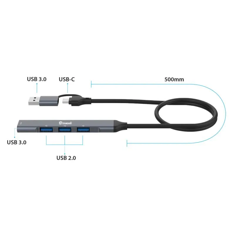 STANDARD 9701 HUB USB-C UCA Adapter Cable USB-C To USB 3.0 With Four Ports HUB And High Speed For Multi Devices 0.5M
