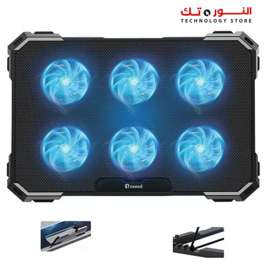 Standard ICE-06N Gaming Laptop Cooling Pad Stand – 6x Blue Led Fans – Iron Mesh – 2 x USB – Support 12 UP to 17 Inch | Black