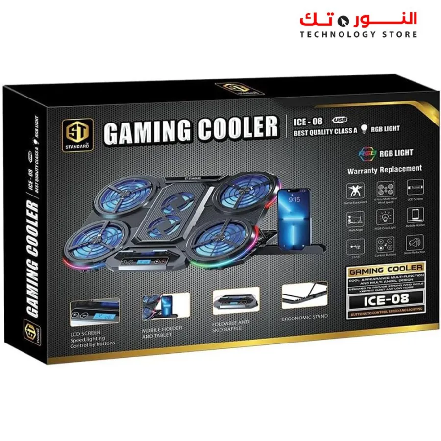 Standard ICE-08 Cooling Pad Gaming Laptop Stand With Mobile Holder – 6x Blue LED Fans Multi Speed – LCD Screen – RGB Side Lights – 2 x USB -12 UP to 17 Inch | Black