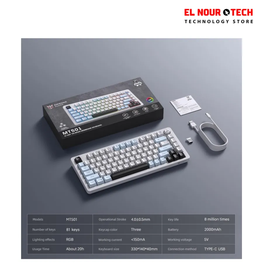 ONIKUMA MT501 Silent 3-Mode Wireless Gaming Keyboard Membrane 75% (Bluetooth 5.0/ Wireless/USB-C) Rechargeable Gaming Keyboard