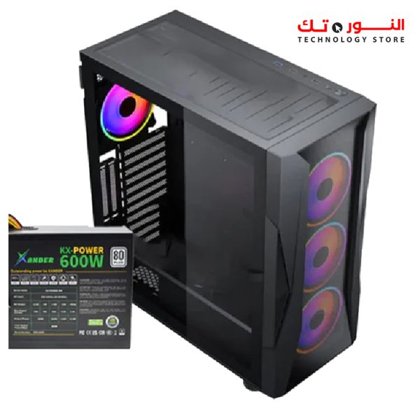Xander Velox Gaming Case Mid Tower 4 Fan RGB CONTROLLER Black + PSU 600W +80 PLUS WHITE fixed cable